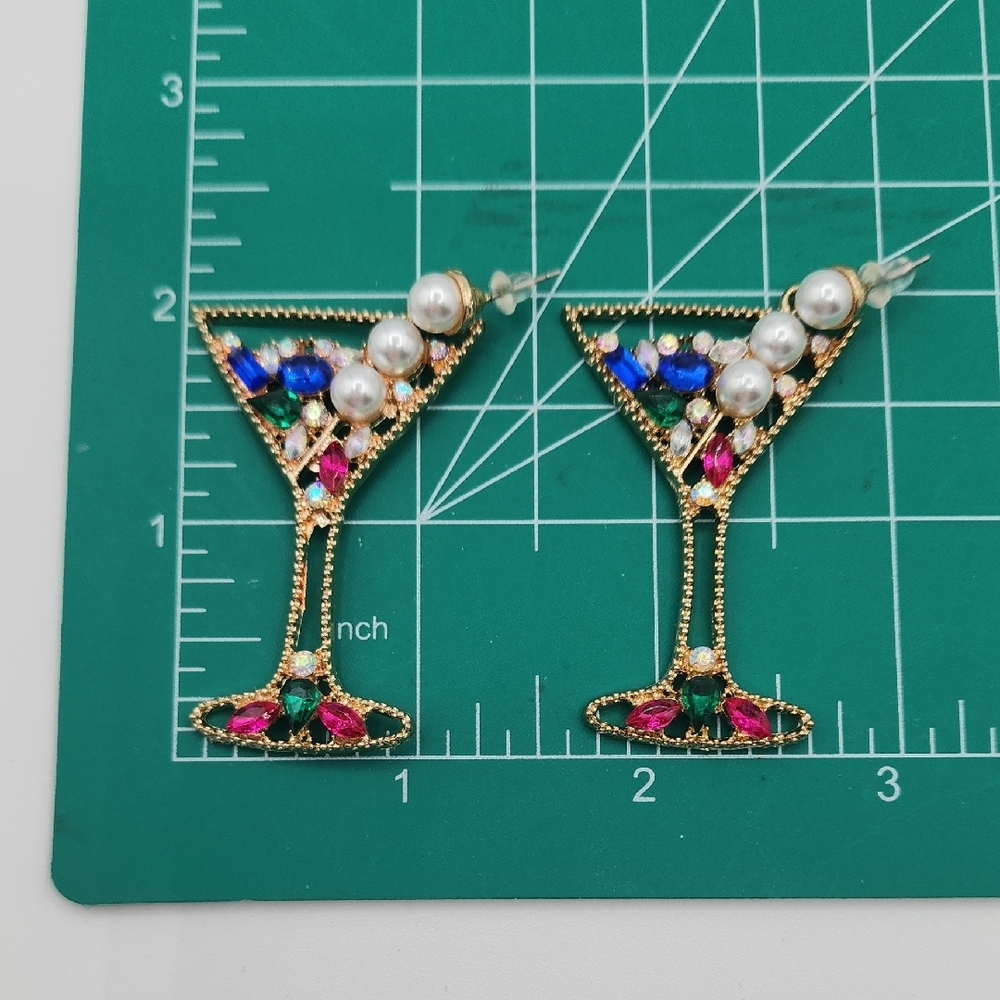 Gold Martini Earrings with Pearl Bubblies And Colorful Gems - Picture 5 of 8